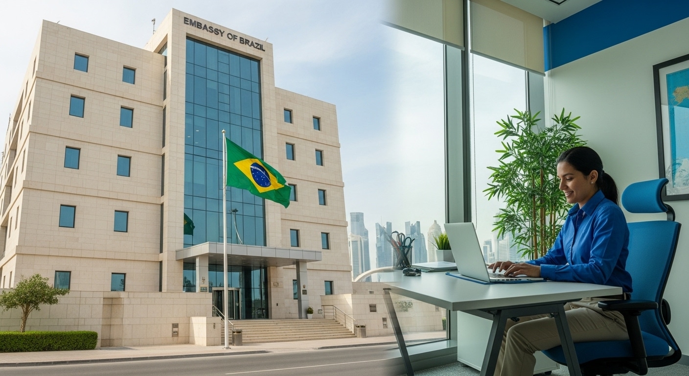 Funcionário administrativo trabalhando em escritório moderno na Embaixada do Brasil em Doha, com bandeira brasileira ao fundo, representando o processo seletivo para vaga de Auxiliar Administrativo em 2025.